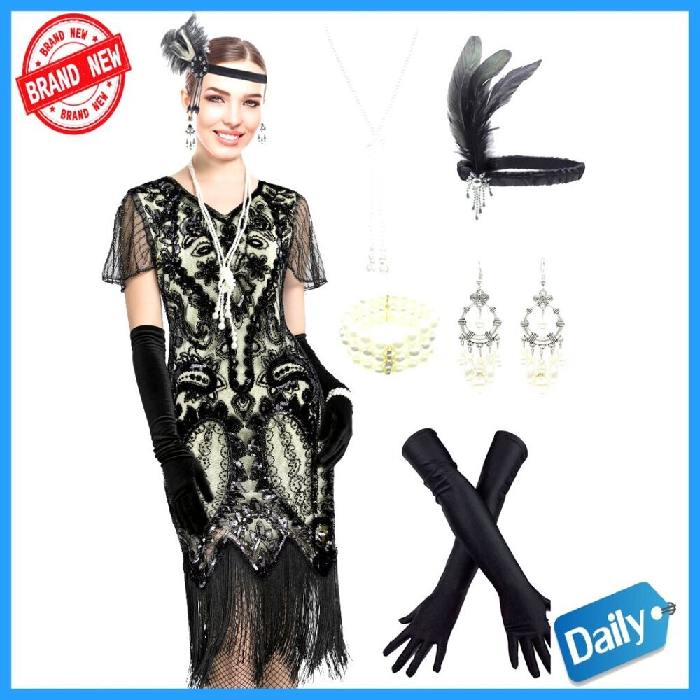 Vintage Sequin Flapper Fringe Party Dress with Accessories Set